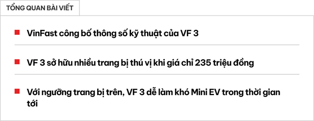VinFast VF 3 công bố 'full' thông số: Phanh điện tử, chạy tối đa 100km/h, chỉ có một túi khí- Ảnh 1. VinFast VF 3 công bố 'full' thông số: Phanh điện tử, chạy tối đa 100km/h, chỉ có một túi khí- Ảnh 1.