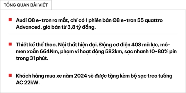 Audi Q8 e-tron ra mắt Việt Nam: Giá từ 3,8 tỷ đồng, bảo hành pin 8 năm, tặng sạc miễn phí- Ảnh 1. Audi Q8 e-tron ra mắt Việt Nam: Giá từ 3,8 tỷ đồng, bảo hành pin 8 năm, tặng sạc miễn phí- Ảnh 1.
