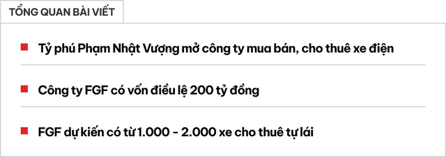 Tỷ phú Phạm Nhật Vượng mở công ty mua bán, cho thuê xe điện: Vốn 200 tỷ đồng, có sẵn cả nghìn xe cho thuê ở nhiều thành phố lớn- Ảnh 1. Tỷ phú Phạm Nhật Vượng mở công ty mua bán, cho thuê xe điện: Vốn 200 tỷ đồng, có sẵn cả nghìn xe cho thuê ở nhiều thành phố lớn- Ảnh 1.