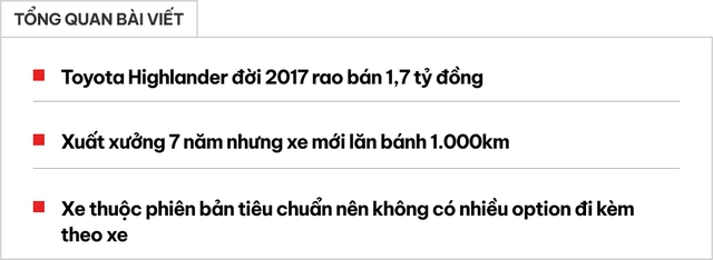 Toyota Highlander 7 năm tuổi mới lăn bánh hơn 1.000km được bán lại 1,7 tỷ đồng: Vẫn dùng vô lăng 'nhựa' nhưng có gói ADAS- Ảnh 1.