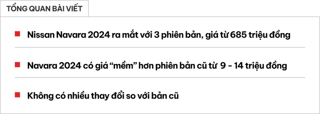 Nissan Navara 2024 ra mắt Việt Nam: Thêm phiên bản, chỉ còn từ 685 triệu đồng, cạnh tranh Ranger bằng giá mềm hơn bản cũ- Ảnh 1. Nissan Navara 2024 ra mắt Việt Nam: Thêm phiên bản, chỉ còn từ 685 triệu đồng, cạnh tranh Ranger bằng giá mềm hơn bản cũ- Ảnh 1.