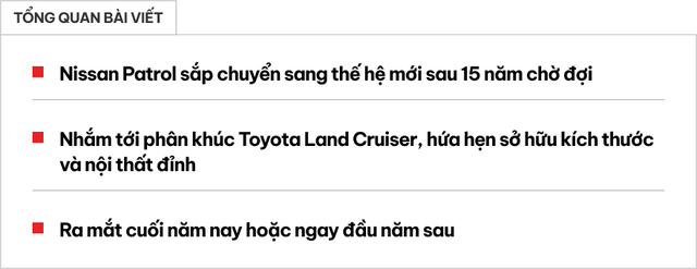 Nissan Patrol 2025 chốt ra mắt: Sẽ lột xác từ ngoài vào trong, đấu Land Cruiser bằng động cơ khủng- Ảnh 1. Nissan Patrol 2025 chốt ra mắt: Sẽ lột xác từ ngoài vào trong, đấu Land Cruiser bằng động cơ khủng- Ảnh 1.