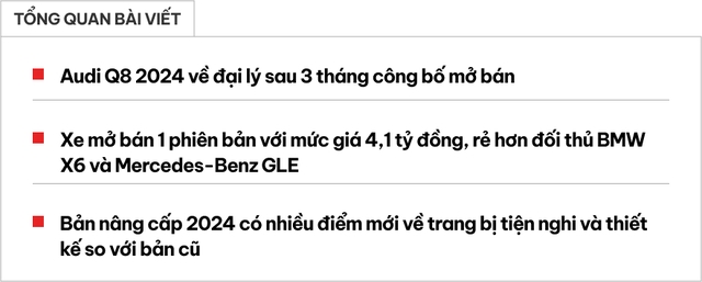 Audi Q8 2024 giá 4,1 tỷ đã về đại lý: Thêm trang bị tiện nghi, đấu X6, GLE với giá rẻ hơn hẳn- Ảnh 1. Audi Q8 2024 giá 4,1 tỷ đã về đại lý: Thêm trang bị tiện nghi, đấu X6, GLE với giá rẻ hơn hẳn- Ảnh 1.