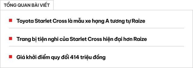 Toyota Starlet Cross 2024 ra mắt: Giá quy đổi từ 414 triệu đồng, đấu Sonet bằng công nghệ, ngoại hình hấm hố hơn Raize- Ảnh 1. Toyota Starlet Cross 2024 ra mắt: Giá quy đổi từ 414 triệu đồng, đấu Sonet bằng công nghệ, ngoại hình hấm hố hơn Raize- Ảnh 1.