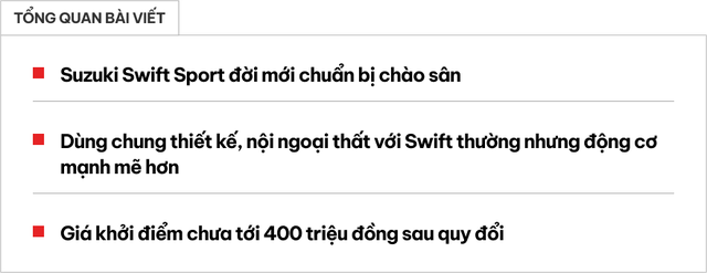 Suzuki Swift Sport 2025 lộ thông tin: Máy 1.4L hybrid, nhẹ hơn 70kg, ra mắt tháng 9- Ảnh 1. Suzuki Swift Sport 2025 lộ thông tin: Máy 1.4L hybrid, nhẹ hơn 70kg, ra mắt tháng 9- Ảnh 1.