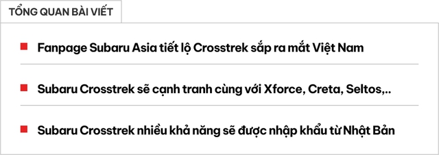 Subaru Crosstrek nhá hàng sắp ra mắt Việt Nam: Đấu Xforce bằng khả năng off-road, động cơ 154 mã lực, trang bị ADAS- Ảnh 1. Subaru Crosstrek nhá hàng sắp ra mắt Việt Nam: Đấu Xforce bằng khả năng off-road, động cơ 154 mã lực, trang bị ADAS- Ảnh 1.