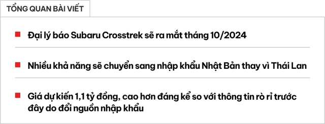 Subaru Crosstrek 2024 ra mắt Việt Nam tháng 10 tới: Giá dự kiến lên tới 1,1 tỷ đồng vì lý do này- Ảnh 1. Subaru Crosstrek 2024 ra mắt Việt Nam tháng 10 tới: Giá dự kiến lên tới 1,1 tỷ đồng vì lý do này- Ảnh 1.