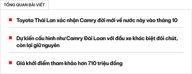 Toyota Camry 2024 chốt ra mắt tháng 10 tại Thái Lan, dễ về Việt Nam trong thời gian gần- Ảnh 1. Toyota Camry 2024 chốt ra mắt tháng 10 tại Thái Lan, dễ về Việt Nam trong thời gian gần- Ảnh 1.