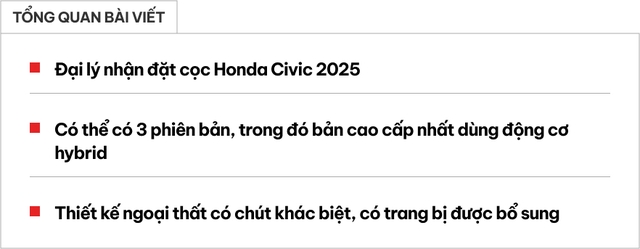 Honda Civic 2025 nhận cọc tại Việt Nam: 3 bản, thiết kế mới, thêm động cơ hybrid cạnh tranh Corolla Altis- Ảnh 1. Honda Civic 2025 nhận cọc tại Việt Nam: 3 bản, thiết kế mới, thêm động cơ hybrid cạnh tranh Corolla Altis- Ảnh 1.