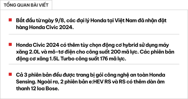 Honda Civic 2024 nhận đặt hàng: Bổ sung động cơ hybrid, có loa Bose, 3 bản đều có ADAS, giá chưa tiết lộ- Ảnh 1. Honda Civic 2024 nhận đặt hàng: Bổ sung động cơ hybrid, có loa Bose, 3 bản đều có ADAS, giá chưa tiết lộ- Ảnh 1.