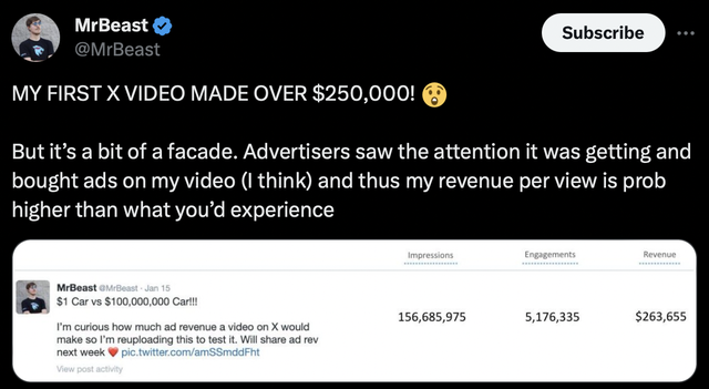 Bị Elon Musk gạ gẫm, "ông hoàng YouTube" MrBeast thử đăng video lên X: Bất ngờ với số tiền thu về- Ảnh 2. Bị Elon Musk gạ gẫm, "ông hoàng YouTube" MrBeast thử đăng video lên X: Bất ngờ với số tiền thu về- Ảnh 2.