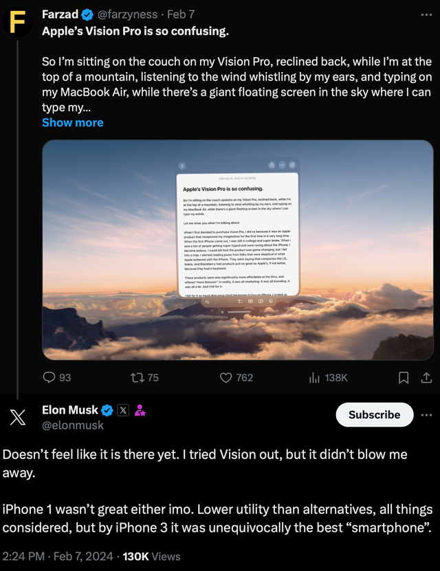 Elon Musk đánh giá Vision Pro của Apple ra sao?- Ảnh 1.