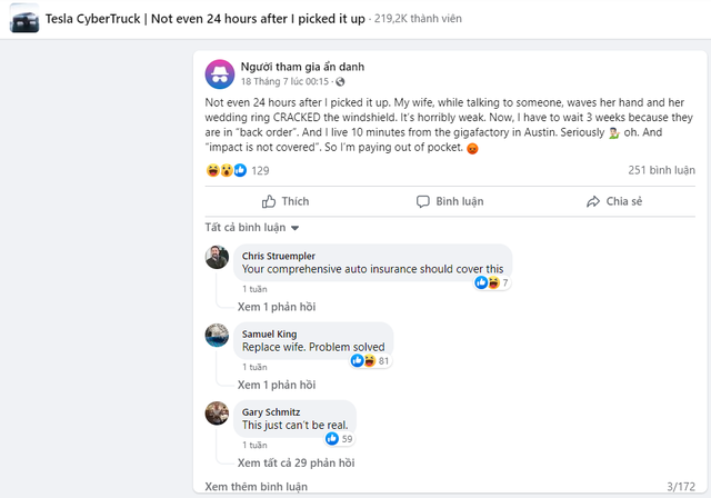 Nhận xe Tesla Cybertruck chưa đầy 24 giờ, anh chồng đã "khóc ròng" vì vợ chỉ vẩy tay là làm xước kính xe- Ảnh 1. Nhận xe Tesla Cybertruck chưa đầy 24 giờ, anh chồng đã "khóc ròng" vì vợ chỉ vẩy tay là làm xước kính xe- Ảnh 1.
