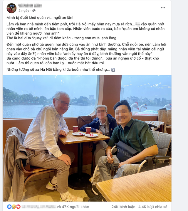 Chủ quán phở Hà Nội lên tiếng vụ đuổi người khuyết tật: "Nhân viên bê xe vào tận bàn chứ có đuổi đâu"- Ảnh 1. Chủ quán phở Hà Nội lên tiếng vụ đuổi người khuyết tật: "Nhân viên bê xe vào tận bàn chứ có đuổi đâu"- Ảnh 1.