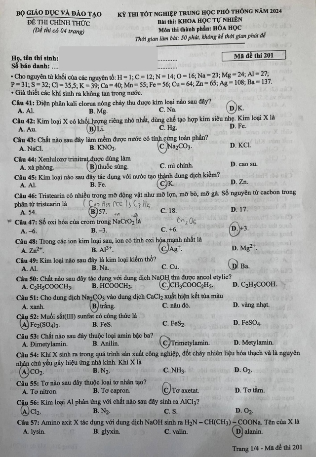 Gợi ý đáp án toàn bộ 24 mã đề môn Hóa học thi tốt nghiệp THPT 2024- Ảnh 6. Gợi ý đáp án toàn bộ 24 mã đề môn Hóa học thi tốt nghiệp THPT 2024- Ảnh 6.