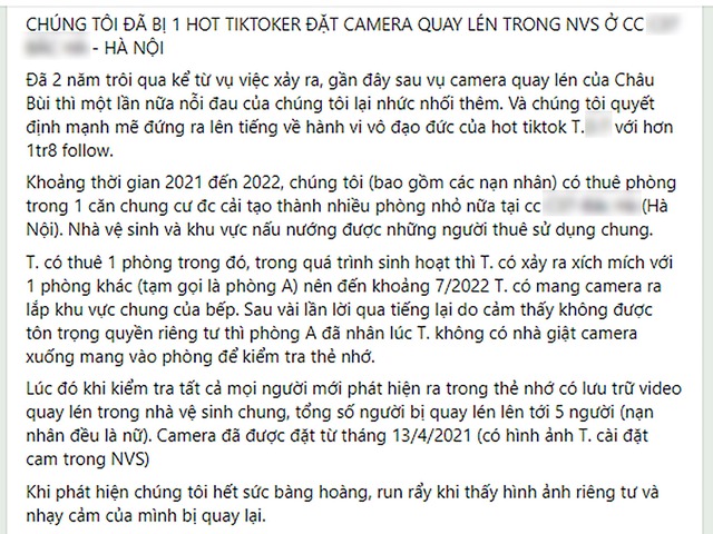 Xôn xao bài tố hot Tiktoker đặt camera quay lén trong nhà vệ sinh chung cư, có 5 nạn nhân đều là nữ- Ảnh 1. Xôn xao bài tố hot Tiktoker đặt camera quay lén trong nhà vệ sinh chung cư, có 5 nạn nhân đều là nữ- Ảnh 1.