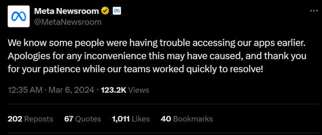 Tận cùng nỗi đau của Mark Zuckerberg: Meta phải lên X cập nhật tình hình sau sự cố sập toàn cầu, bị hàng triệu người hùa cùng Elon Musk chế nhạo - Ảnh 1. Tận cùng nỗi đau của Mark Zuckerberg: Meta phải lên X cập nhật tình hình sau sự cố sập toàn cầu, bị hàng triệu người hùa cùng Elon Musk chế nhạo - Ảnh 1.