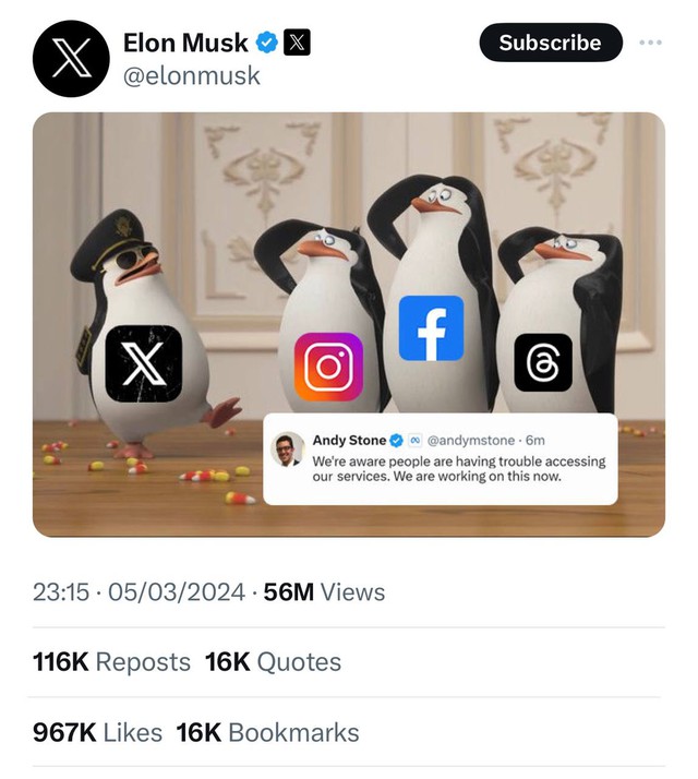 Tận cùng nỗi đau của Mark Zuckerberg: Meta phải lên X cập nhật tình hình sau sự cố sập toàn cầu, bị hàng triệu người hùa cùng Elon Musk chế nhạo - Ảnh 2. Tận cùng nỗi đau của Mark Zuckerberg: Meta phải lên X cập nhật tình hình sau sự cố sập toàn cầu, bị hàng triệu người hùa cùng Elon Musk chế nhạo - Ảnh 2.