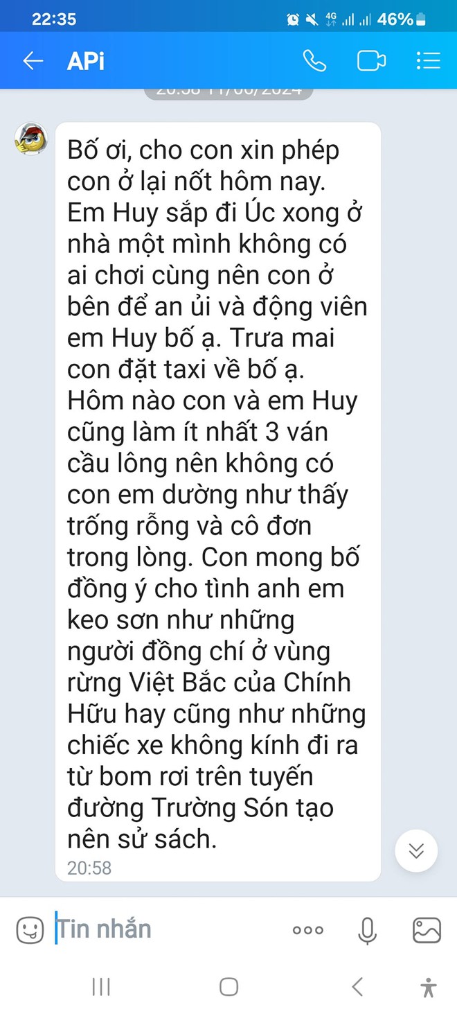 Tin nhắn xin phép đi chơi của con trai Xuân Bắc khiến dân tình cười ngặt nghẽo: Đúng con nhà nòi!- Ảnh 1. Tin nhắn xin phép đi chơi của con trai Xuân Bắc khiến dân tình cười ngặt nghẽo: Đúng con nhà nòi!- Ảnh 1.