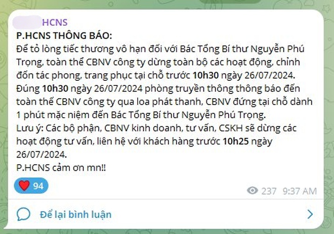 Nhiều công ty cho nhân viên nghỉ làm để đưa tiễn Tổng Bí thư Nguyễn Phú Trọng- Ảnh 1. Nhiều công ty cho nhân viên nghỉ làm để đưa tiễn Tổng Bí thư Nguyễn Phú Trọng- Ảnh 1.