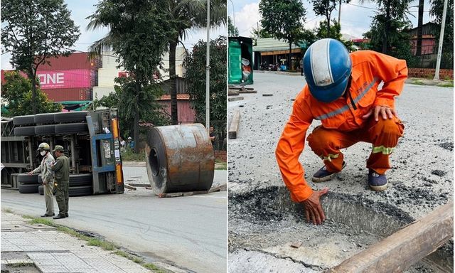 Xe đầu kéo chở cuộn tôn nặng hàng chục tấn lật nhào, mặt đường bị lún sâu 20cm