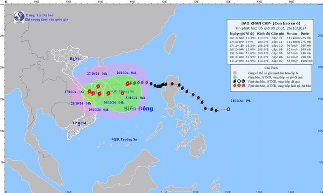 Tin bão mới nhất ngày 26/10: Bão số 6 giật cấp 14 cách Hoàng Sa 230km, tốc độ di chuyển nhanh