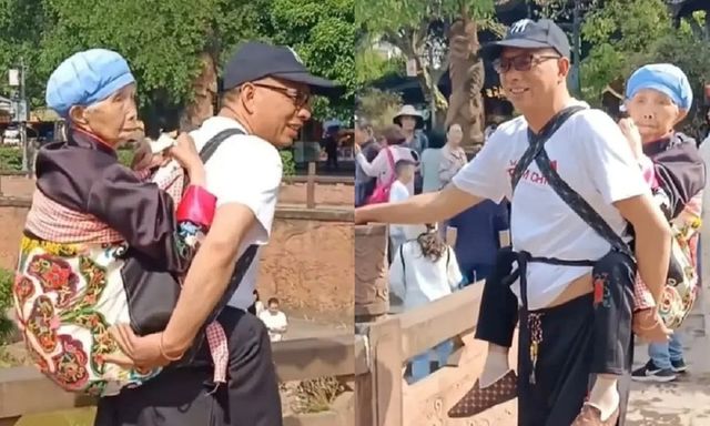 Xúc động hình ảnh con trai U60 cõng mẹ già 92 tuổi đi ngắm cảnh