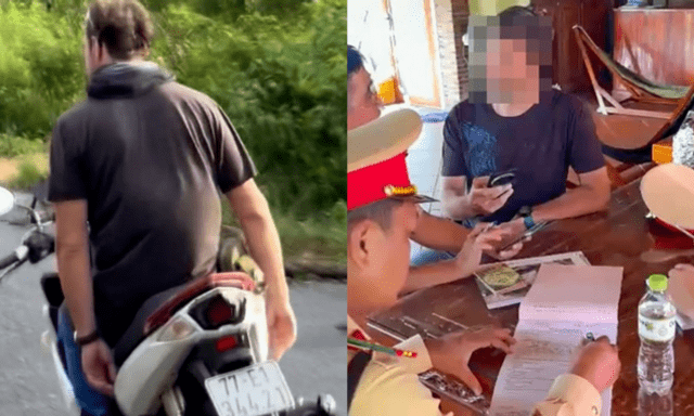 Clip: Nam du khách đi xe máy không mũ bảo hiểm, buông 2 tay 