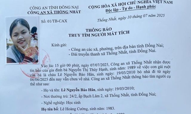 Tìm kiếm thiếu nữ 15 tuổi mất tích hơn 1 tháng ở Đồng Nai