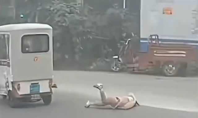 Thót tim cảnh bé gái ngã nhào khỏi xe ba bánh, bố mẹ vẫn thản nhiên lái đi