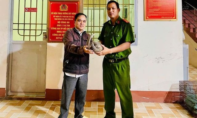 Phát hiện con vật quý hiếm, người đầy vảy bò ngang đường, người đàn ông mang đến giao nộp cho công an