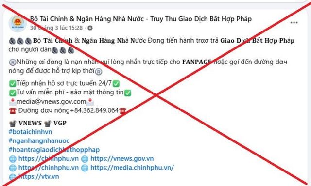 Cảnh báo Fanpage giả mạo Bộ Tài Chính hỗ trợ lấy lại tiền bị lừa