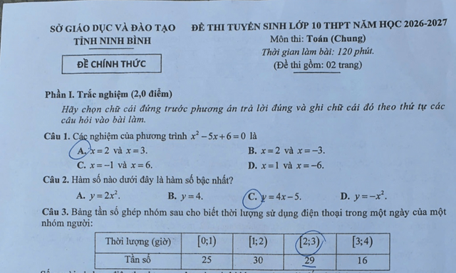 Đề thi, đáp án gợi ý môn Toán vào lớp 10 tỉnh Ninh Bình năm 2026