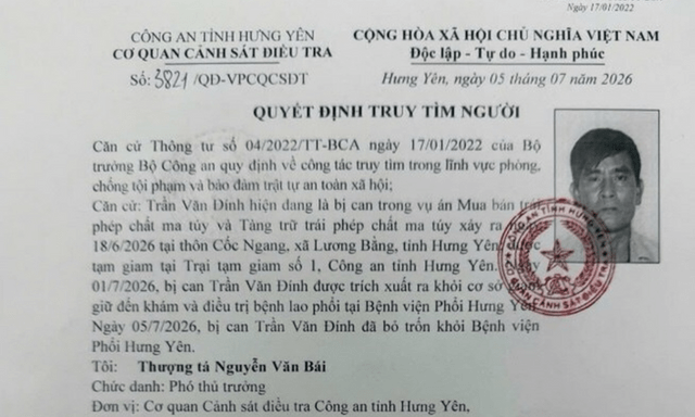 Công an tỉnh Hưng Yên truy tìm bị can trốn khỏi bệnh viện khi đang điều trị