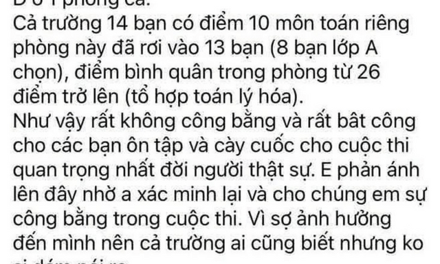 Sở GD&ĐT Nghệ An vào cuộc xác minh phản ánh một phòng thi có 13 điểm 10 Toán 