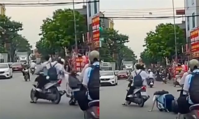 Bị bạn giật tóc, nữ sinh đi xe điện mất lái, ngã chúi xuống đường