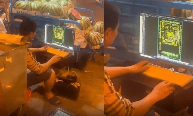 'Cao nhân' ẩn mình đây sao: Người bán dưa hấu ven đường, vắng khách lại mở laptop làm bản vẽ kỹ thuật