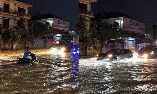 Đường ngập trong đêm ở Viêng Chăn, một số khu vực mất điện sau mưa dông