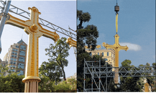 Khoảnh khắc 2 thánh giá mạ vàng nặng 400kg trở lại đỉnh nhà thờ Đức Bà Sài Gòn, người dân chăm chú theo dõi