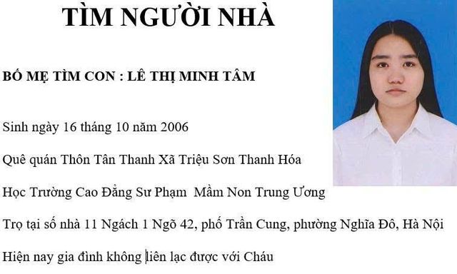 Công an phát thông báo tìm nữ sinh 2006 quê Thanh Hóa mất liên lạc khi đang đi học tại Hà Nội