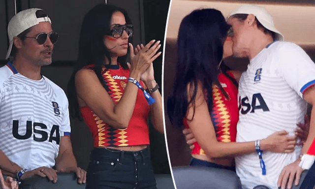 Mặc trận đấu World Cup căng thẳng, Brad Pitt và bạn gái kém 29 tuổi trên khán đài còn 