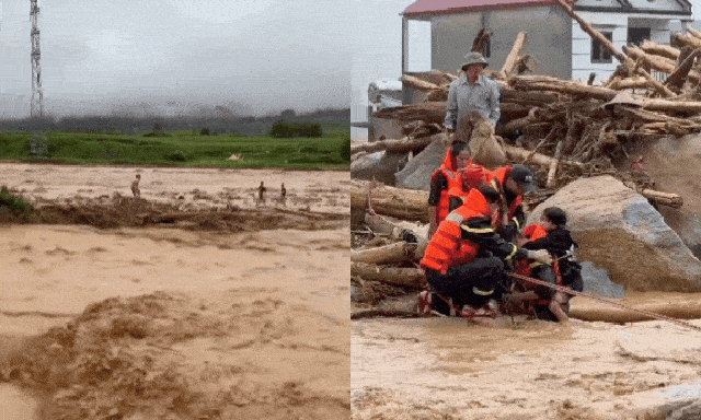 Clip lũ quét cuồn cuộn ở Lai Châu, lực lượng cứu hộ căng dây vượt dòng nước xiết đưa nạn nhân vào bờ