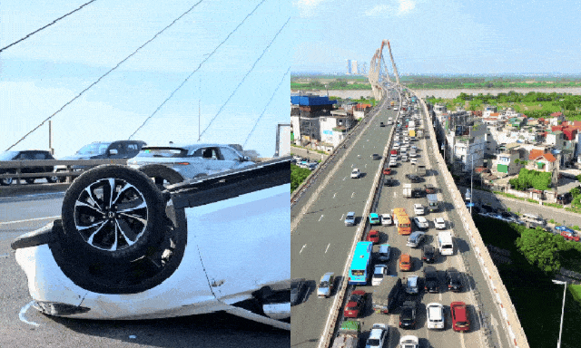 Cận cảnh hiện trường va chạm liên hoàn trên cầu Nhật Tân: Ô tô lật ngửa, giao thông ùn tắc nghiêm trọng