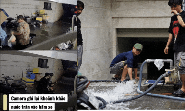 Hầm xe khu biệt thự TP.HCM ngập sâu hơn 1m sau trận mưa lớn, người dân bất lực nhìn tài sản ngâm trong nước