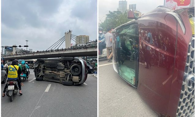 Nguyên nhân vụ ô tô Santa Fe lật nghiêng giữa Ngã Tư Sở khiến giao thông ùn tắc
