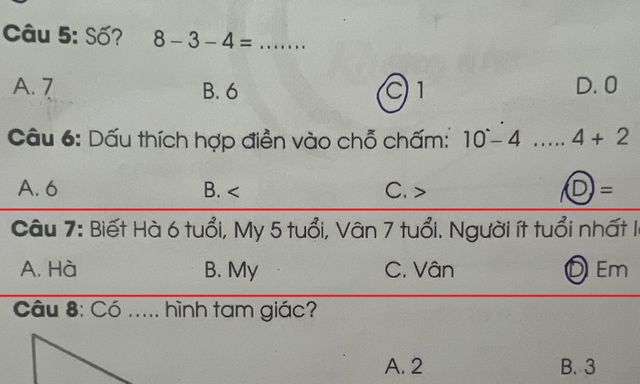 Bài Toán lớp 1 khiến phụ huynh “nhức đầu”, con làm sai nhưng nghe lời giải thích cũng rất hợp lý