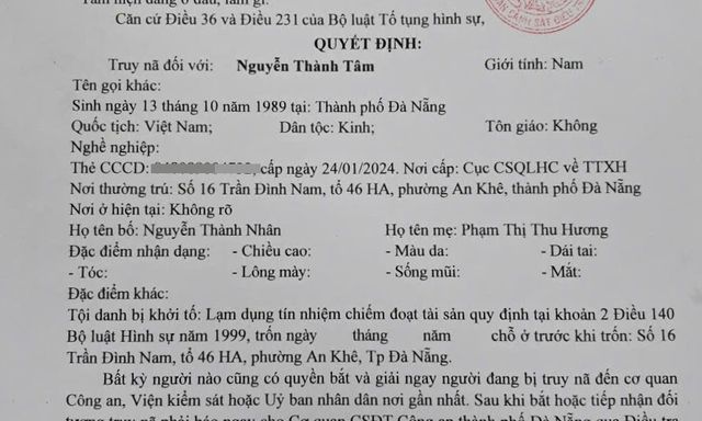 Công an Đà Nẵng truy nã đối tượng lạm dụng tín nhiệm chiếm đoạt tài sản