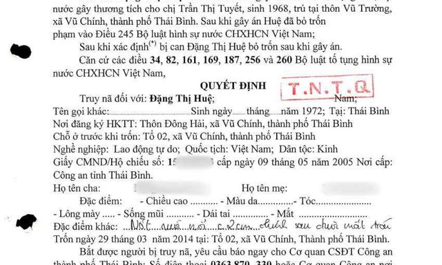 Truy nã đặc biệt, yêu cầu Đặng Thị Huệ SN 1972 sớm ra đầu thú