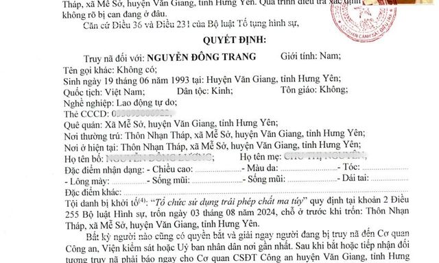 Công an Hưng Yên truy nã đặc biệt Nguyễn Đông Trang SN 1993