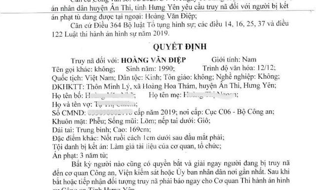 Quyết định truy nã Hoàng Văn Điệp SN 1990